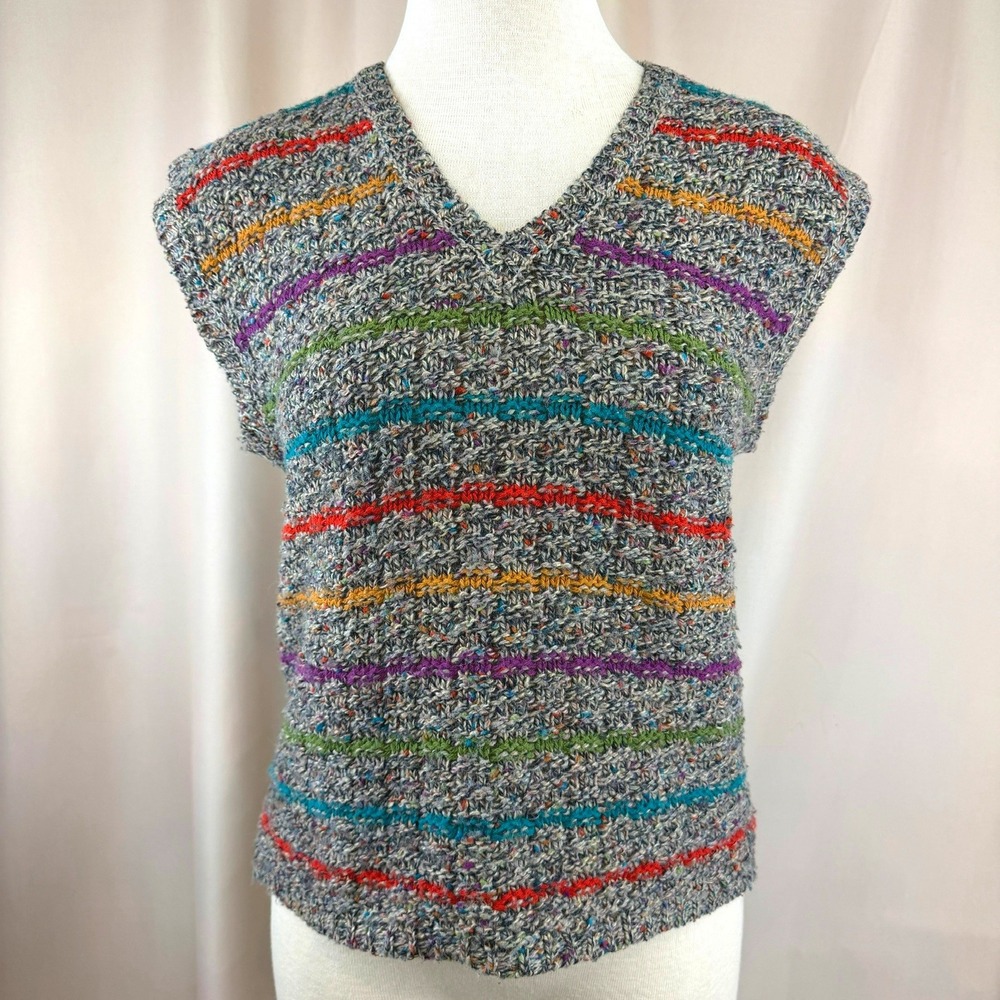 Vintage 80s ESPRIT Womens Sweater Vest|M|Rainbow Stripe Gray Tweed V-Neck Boxy